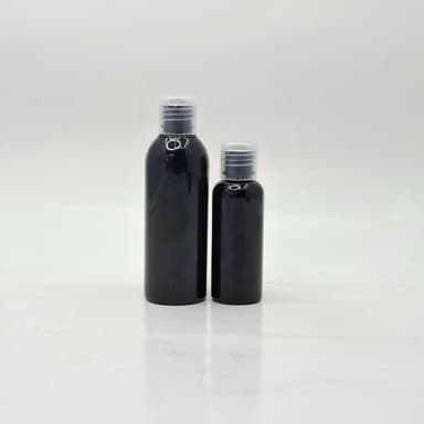 50m-100ml Round Black Bottle - Flip Top Lids Clear