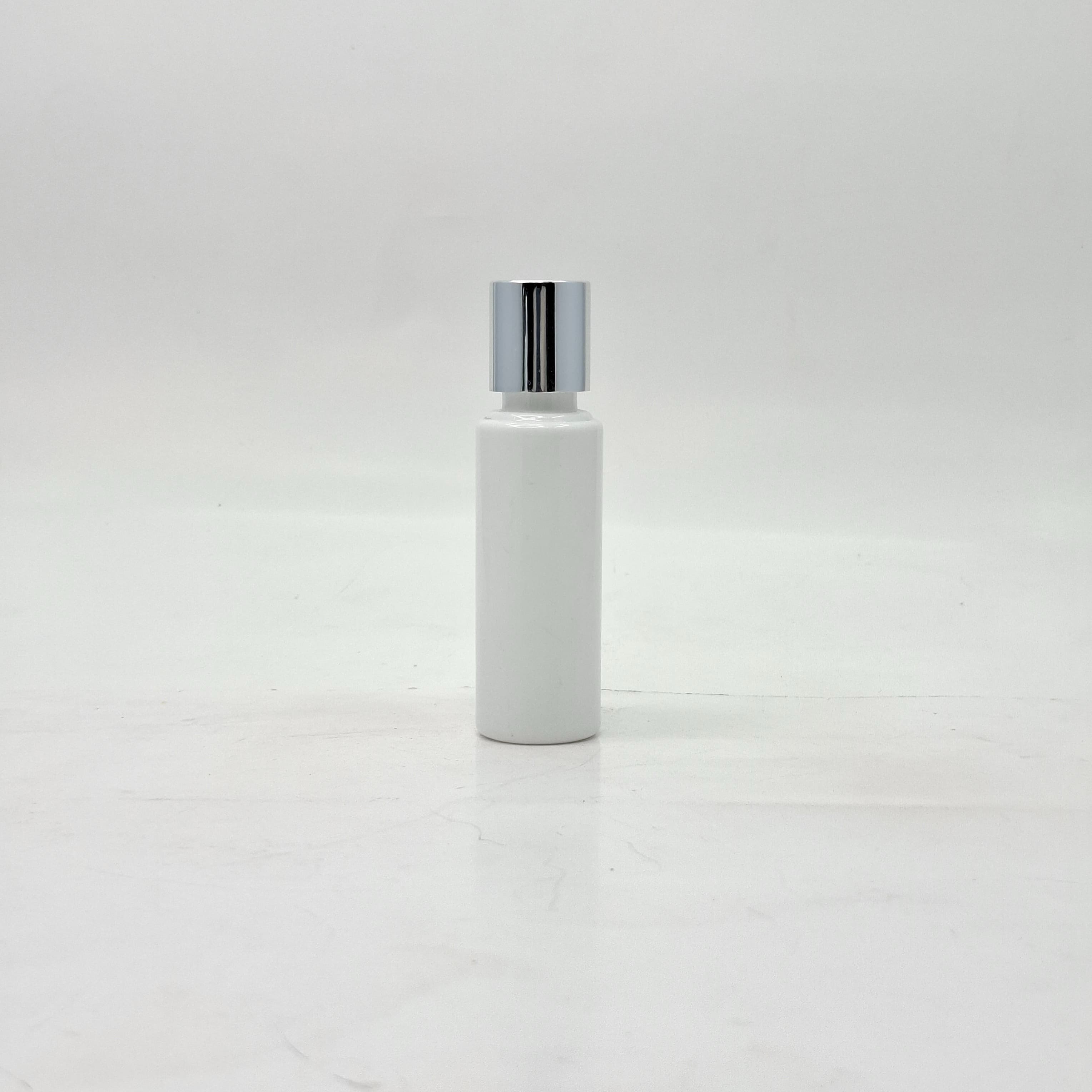 Main image of 50ml Round Flat Neck White Bottle  - Press Lid Silver