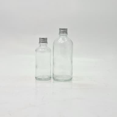 50ml-100ml Clear Glass Bottle - Alu Lid Silver