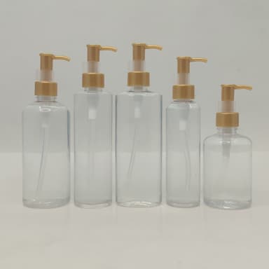 150ml-300ml Clear Bottles - Gold Cream Pump - Long Neck