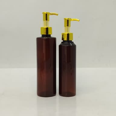 150ml-200ml Round Amber Bottle - Gold Pump-Long Neck
