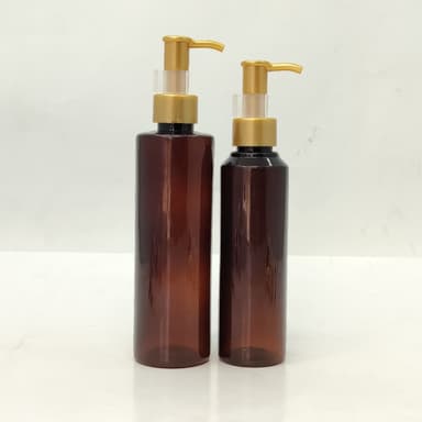 150ml-200ml Round Amber Bottle - Gold Cream Pump-Long Neck