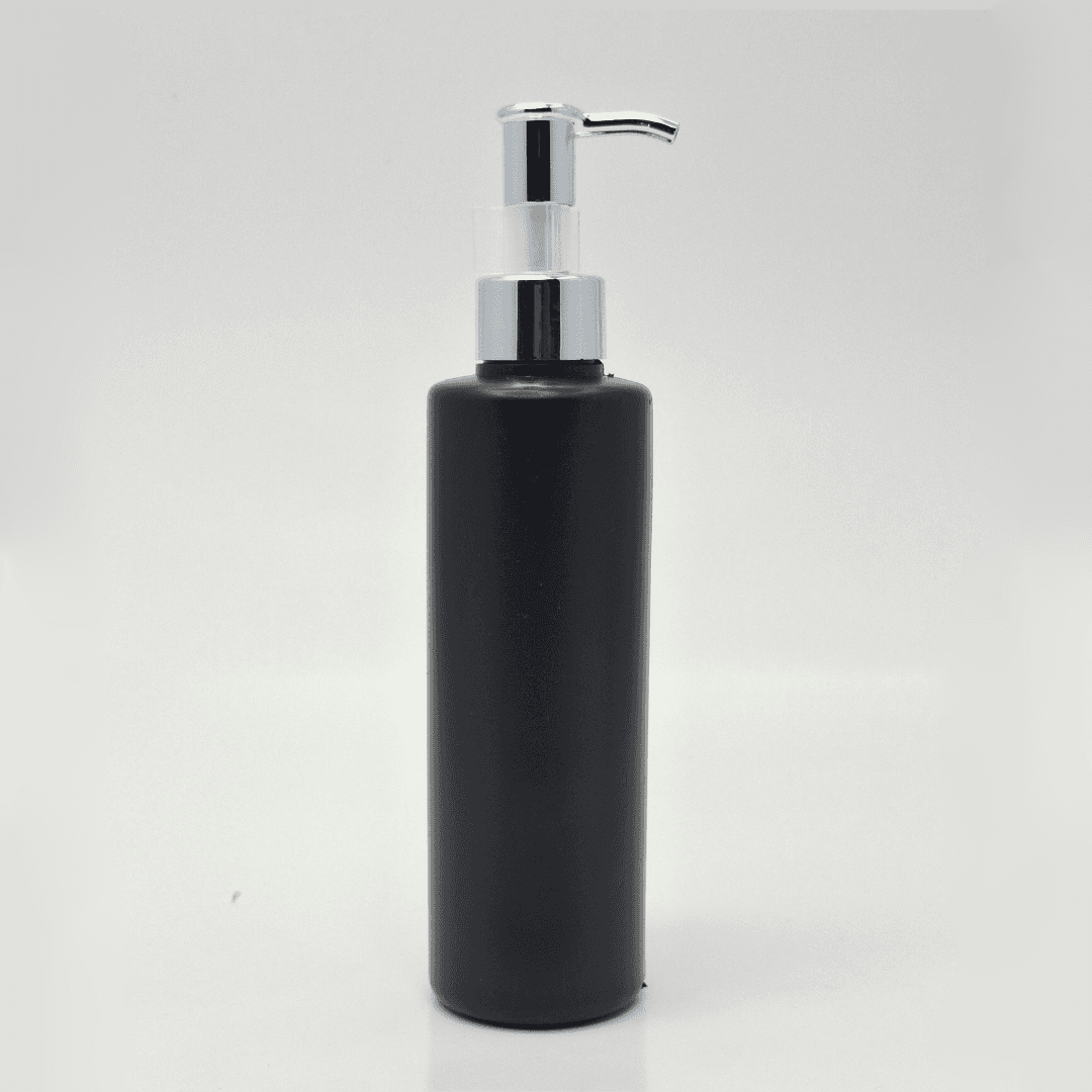 Main image of 200ml Black HDPE Bottle - Silver Long Neck Pump