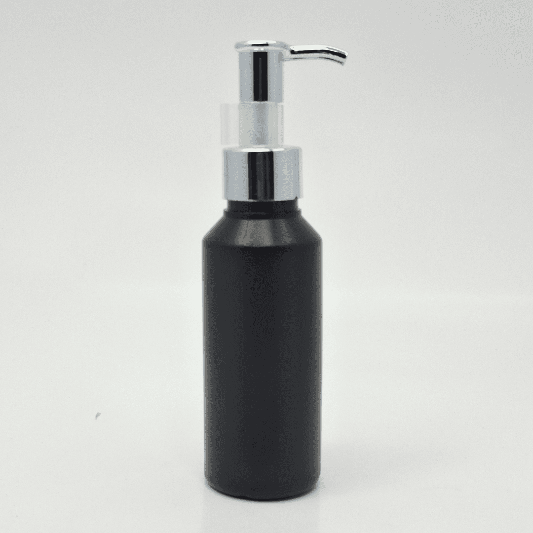 Main image of 100ml Black HDPE Bottle - Silver Long Neck Pump